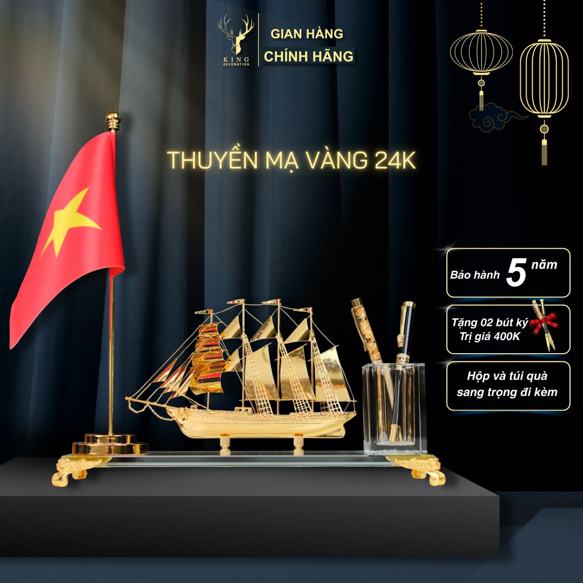 Hộp Cắm Bút Doanh Nhân Mô Hình Thuyền Buồm Mạ Vàng 24K Mẫu 2 Có Cờ, Phân Khúc Cao Cấp, Chất Liệu Đồng Mạ Vàng Và Pha Lê